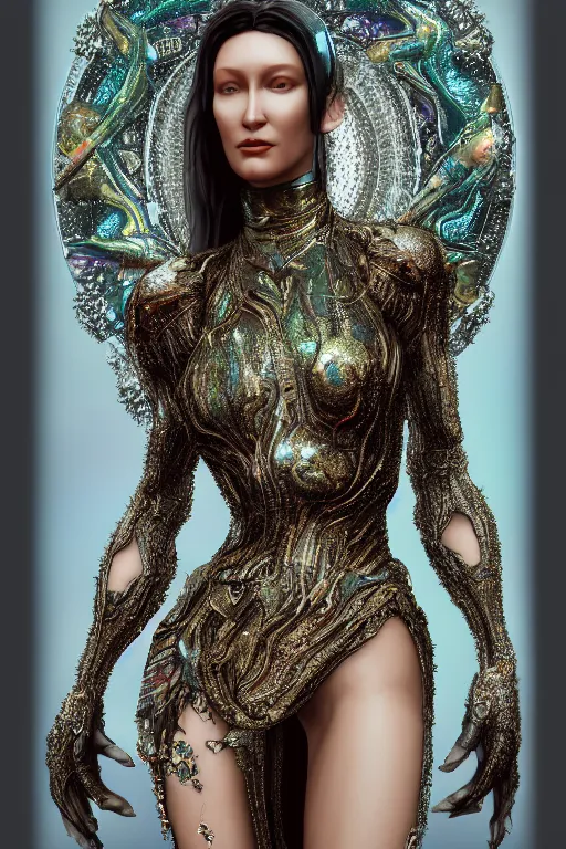 Image similar to a highly detailed metahuman render painting of an alien goddess bella hadid in iris van herpen dress schiaparelli in diamonds and jewelry in style of alphonse mucha trending on artstation made in unreal engine 4