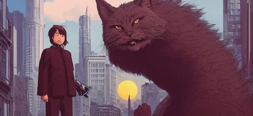 Prompt: a giant kaiju cat destroying the city, digital painting masterpiece, by ilya kuvshinov, by frank frazetta, by mœbius, by reiq, by hayao miyazaki, intricate detail, beautiful brush strokes, advanced lighting technology, 4 k wallpaper, interesting character design, stylized yet realistic anatomy and faces, inspired by kill bill animated scene