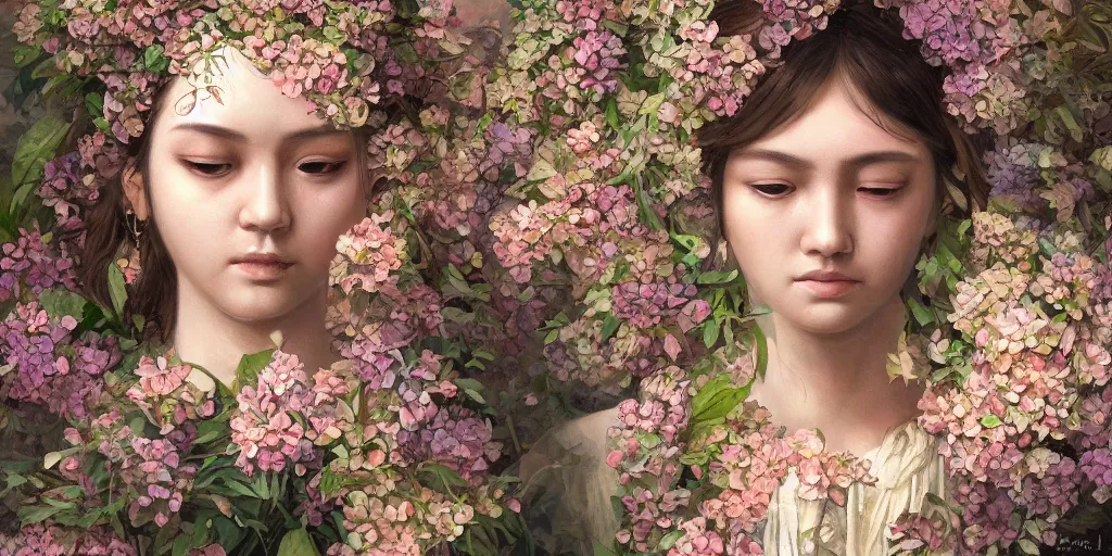 Image similar to breathtaking detailed concept art painting portrait of the goddess of hydrangea flowers, orthodox saint, with anxious piercing eyes, ornate background, amalgamation of leaves and flowers, by hsiao - ron cheng, extremely moody lighting, 8 k