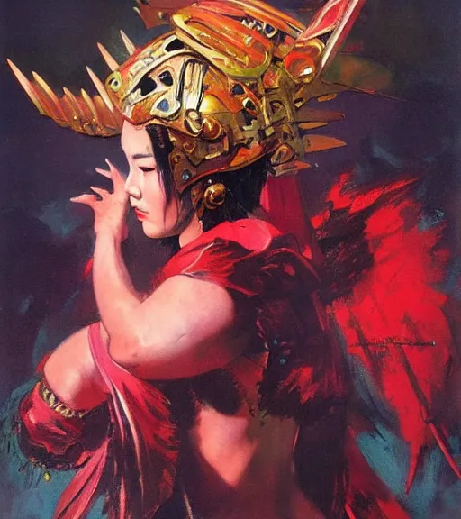 Prompt: portrait of strong korean female chaos angel, beautiful! coherent! by frank frazetta, by brom, strong line, vivid neon color, spiked scrap metal armor, iron helm maximalist