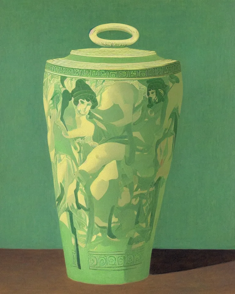 Prompt: achingly beautiful print of intricately painted ancient greek krater on a green pastel background by rene magritte, monet, and turner.