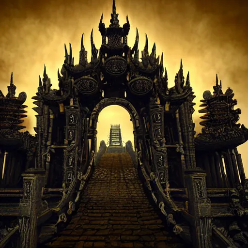 Prompt: a skeleton temple made of bones and teeth. a large gate is in the shape of a mouth. skull pillars and windows are intricate stacked all around the perimeter of multiple towers. dark clouds and flame swirl between the tall towers. the temple sits on a pile of bones and bodies. detailed intricate complex architecture. realistic high definition volumetric lighting dynamic composition scary evil temple setting.