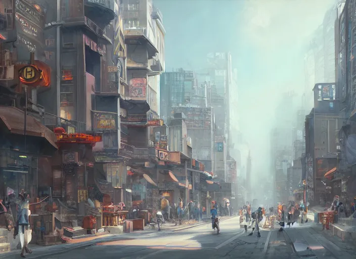 Prompt: a painting of a city street with buildings and signs, a detailed matte painting by ji sheng, cgsociety, american scene painting, anime aesthetic, y 2 k aesthetic, cityscape