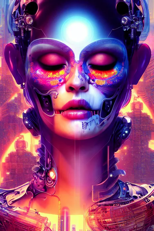 Prompt: beautiful android woman, eyes closed, photorealistic cinematic, 3 d model, cyborg, postcyberpunk, blade runner, octane render, triadic color scheme, concept art, vogue, 8 k, intricate detailed environment el dia los muertos. by terry oneill and artgerm and chie yoshii and kuciara and mucha