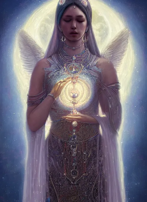 Image similar to A beautiful digital painting of a female Seraphim full of jewels, princess, the moon behind her, intricate, cinematic lighting, highly detailed, digital painting, Artstation, concept art, smooth, sharp focus, illustration, art by Tom Bagshaw, Artgerm and Greg Rutkowski