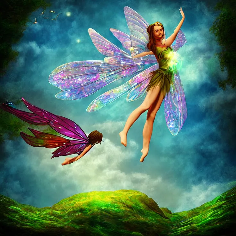 Image similar to fairy flyingin a fantasy world digital art