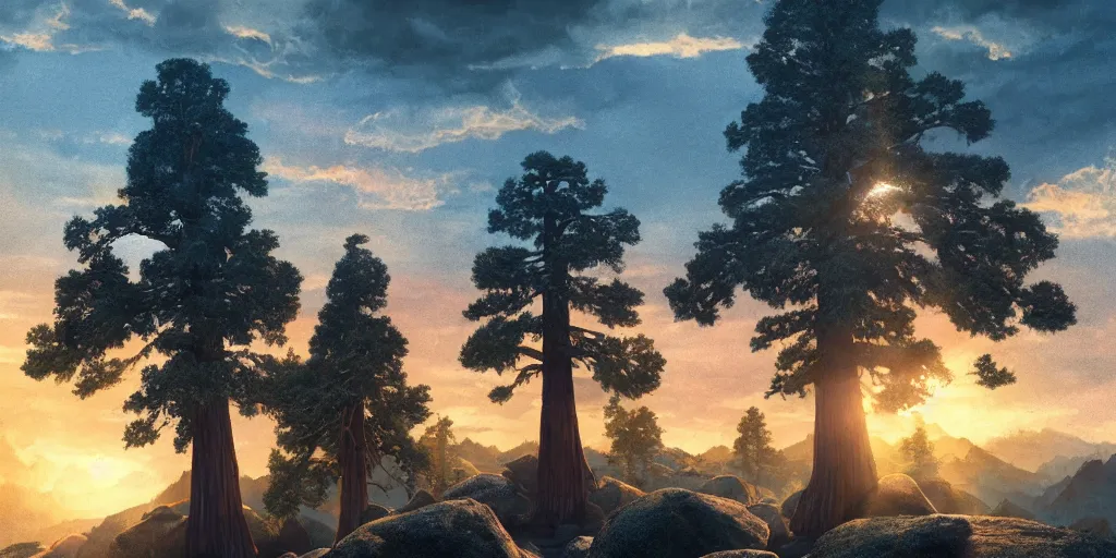 Prompt: a lonely giant sequoia in the center of a in immense valley at sunset with soft clouds and birds flying, intricate, highly detailed, soft illumination, digital painting, artstation, concept art, smooth, sharp focus, illustration, cinematic, vfx, 4 k