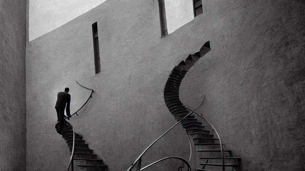 Image similar to a man building a winding staircase as he walks up it, film still from the movie directed by wes anderson with art direction by zdzisław beksinski and m. c. escher, wide lens