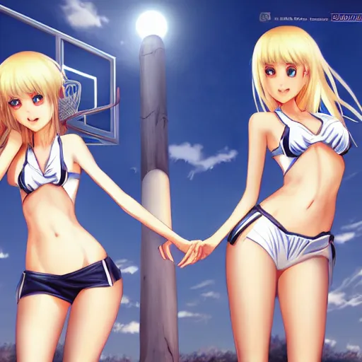 Image similar to group picture : a very tall beautiful young blond basketball anime girl with her tiny team, sky blue eyes, bikini, white miniskirt, highly detailed, cinematic wallpaper by stanley artgerm lau