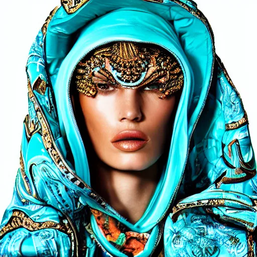 Prompt: An editorial up close macro photo portrait 105mm f2.8 in of a Versace woman model with a Turquoise ornate reflective helmet mask and scarf standing in sand dunes the style of highly detailed David Lachapelle