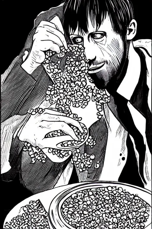 Image similar to junji ito illustration of ryan gosling eating cereal