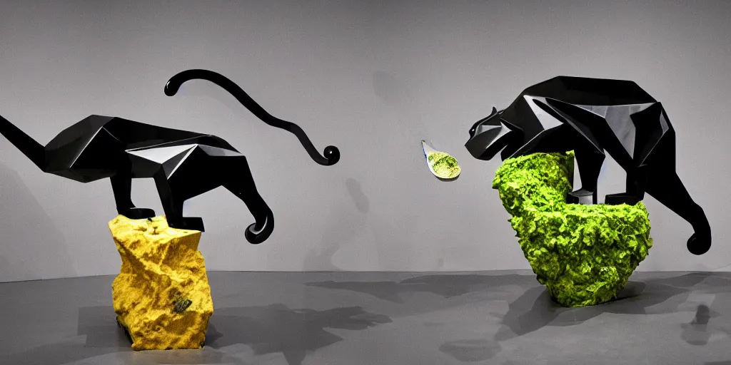 Image similar to abstract composition representing a panther created by a mixture of pistachio ice cream, black marble, dandelions and coca cola being thrown around by centrifugal forces, brilliant museum sculpture, award winning photo, 4k