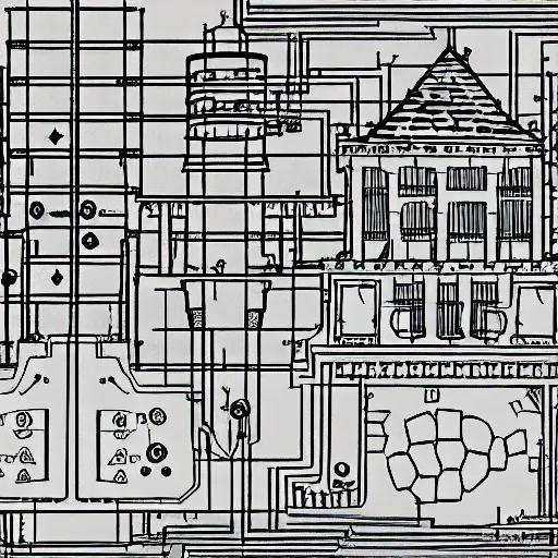 Image similar to a complex castle illustration from electronics schematics.