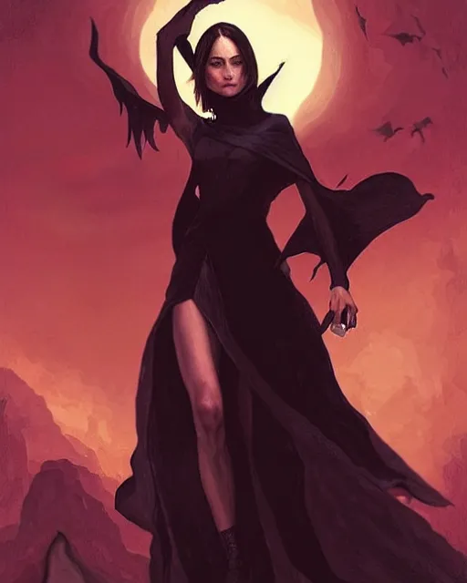 Image similar to style of hubert robert, rafeal albuquerque : : gorgeous willa holland : : evil witch, swirling black magic, black dress : : symmetrical face, symmetrical eyes : : full body pose : : gorgeous black hair : : magic lighting, low spacial lighting : :