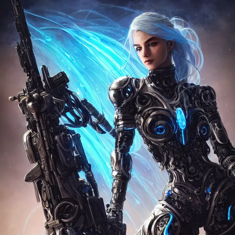 Image similar to beautiful cinematic fantasy poster, a beautiful cyberpunk cyborg with an ornate black and silver sci-fi rifle, brilliant silver flowing hair, beautiful blue glowing galaxy eyes, wideshot ultrawide angle epic scale, hybrid from The Elden Ring and art direction by Darius Zawadzki ;by artgerm; wayne reynolds art station; cinematic quality character render; low angle; ultra high quality model; production quality cinema model;