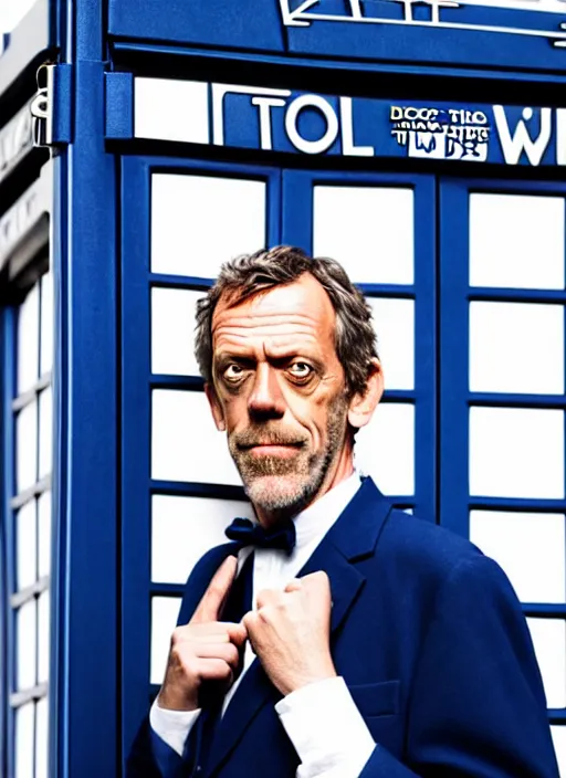 Prompt: dslr photo portrait still of hugh laurie as doctor who in front of the tardis, 8 k, 8 5 mm f 1. 4