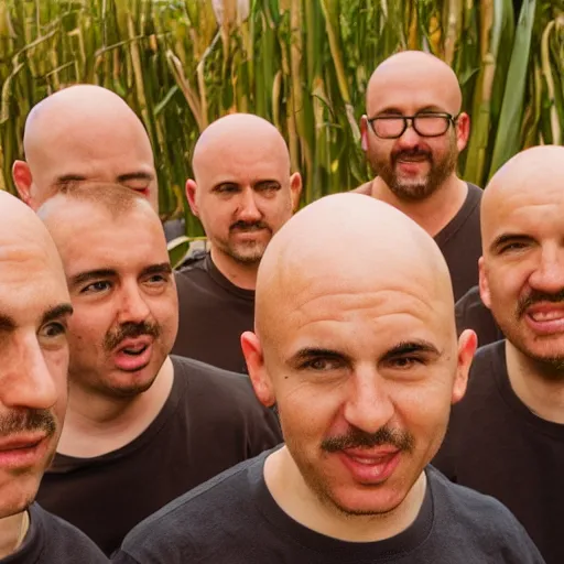 Prompt: Group of bald men with spaghetti on their heads