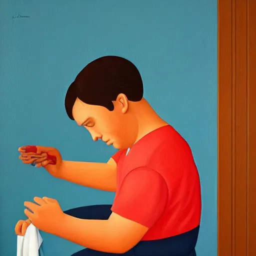 Prompt: an award - winning masterpiece painting of a man cutting his own hand, by joan cornella, trending on artstation, featured on pixiv, detailed, hd,