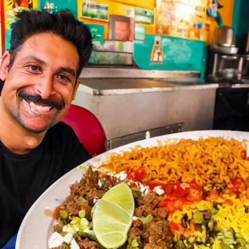 Image similar to a giant plate of indiscriminate mexican food with a smiling man behind it