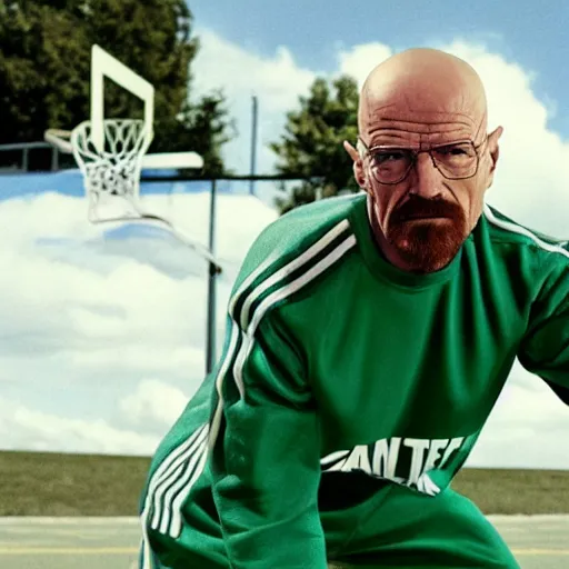 Prompt: walter white wearing adidas track suit and playing basketball