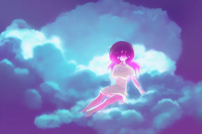 Image similar to a cute anime girl sleeping on a cloud, misty, glows, digital art, hazy, foggy, ambient lighting, 8 k, neon, synthwave,