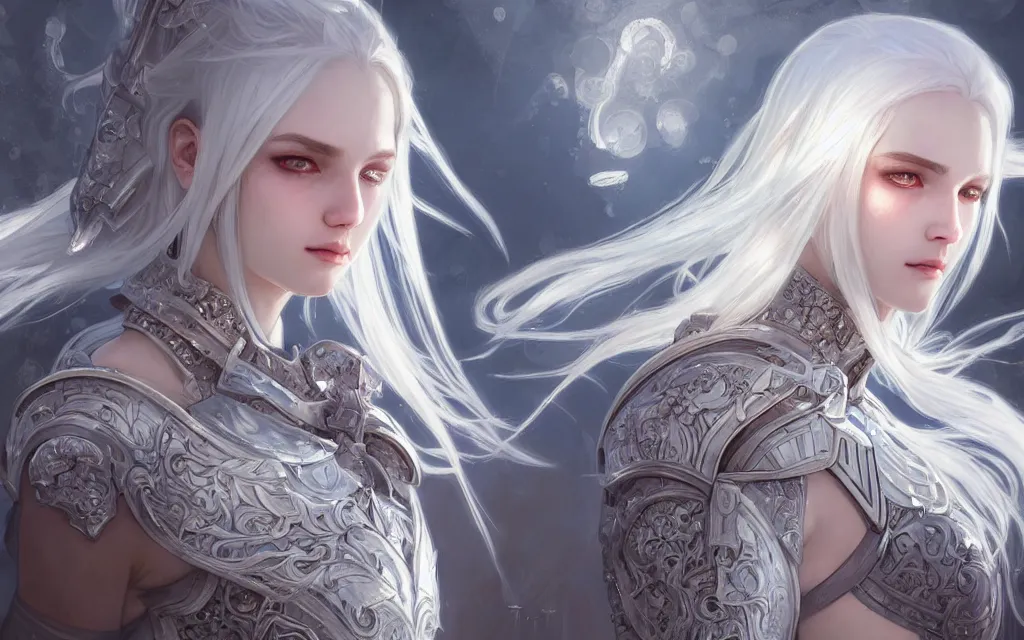 Image similar to portrait white hair knights of zodiac girl, sliver ice color reflected armor, in ruined agora of athens sunrise, ssci - fi and fantasy, intricate and very very beautiful and elegant, highly detailed, digital painting, artstation, concept art, smooth and sharp focus, illustration, art by tian zi and wlop and alphonse mucha