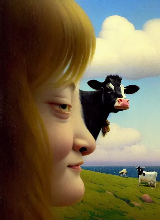 Prompt: hyper detailed 3 d render like a oil painting - cute portrait of emma stone with a smiling cow looking over her shoulder by ryden, kawase hasui, dorothea tanning, edward hopper and james gilleard, aivazovsky, beksinski, outram, artstation