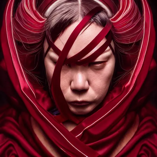 Image similar to chaotic burgundy satin ribbons instead of skin build image of beautiful mystic mad angry face, moebius, bao pham, donato giancola, larry elmore, masterpiece, trending on artstation, featured on pixiv, cinematic composition, beautiful lighting, sharp, details, hyper - detailed, hdr, 4 k, 8 k