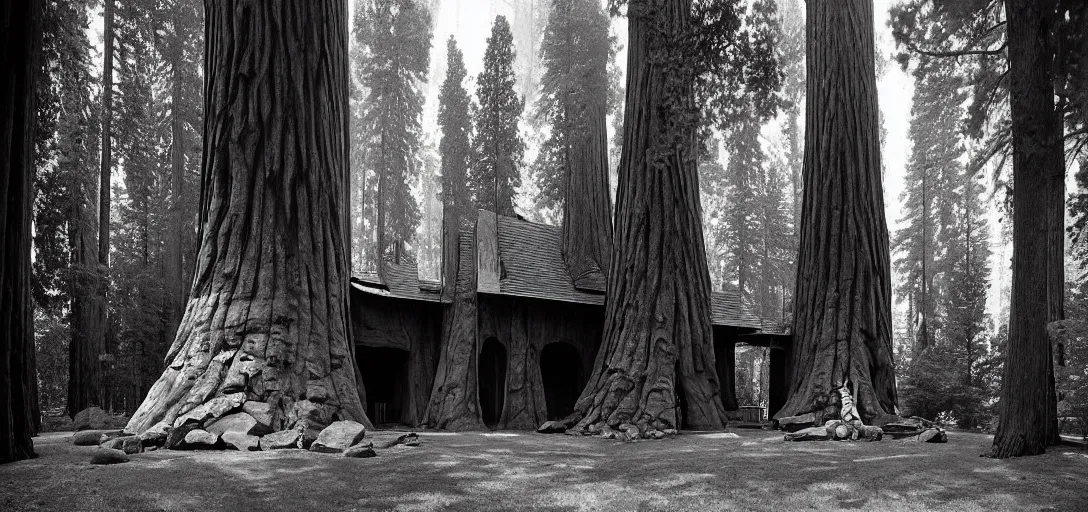 Image similar to house built into and inside a single giant sequoia. photograph by jerry uelsmann.