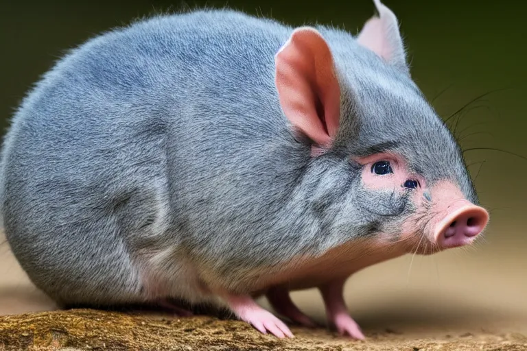 Image similar to a pig chinchilla!!! hybrid! hyper realistic!! realistic lighting!! wildlife photographer of the year!!! bold natural colors, national geographic, hd, wide angle, 8 k