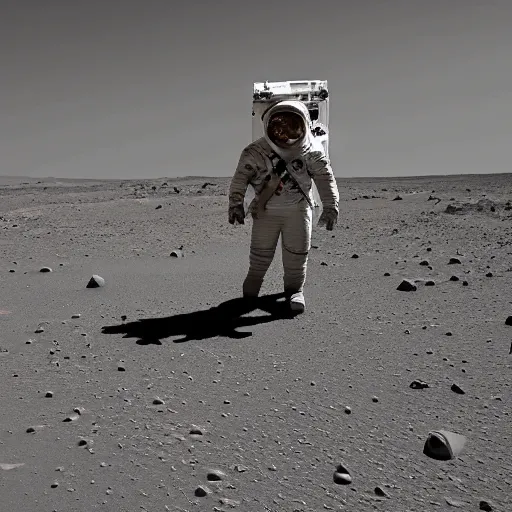 Prompt: an astronaut walking around on the surface of mars from starship, grainy, blurry, wide angle photograph