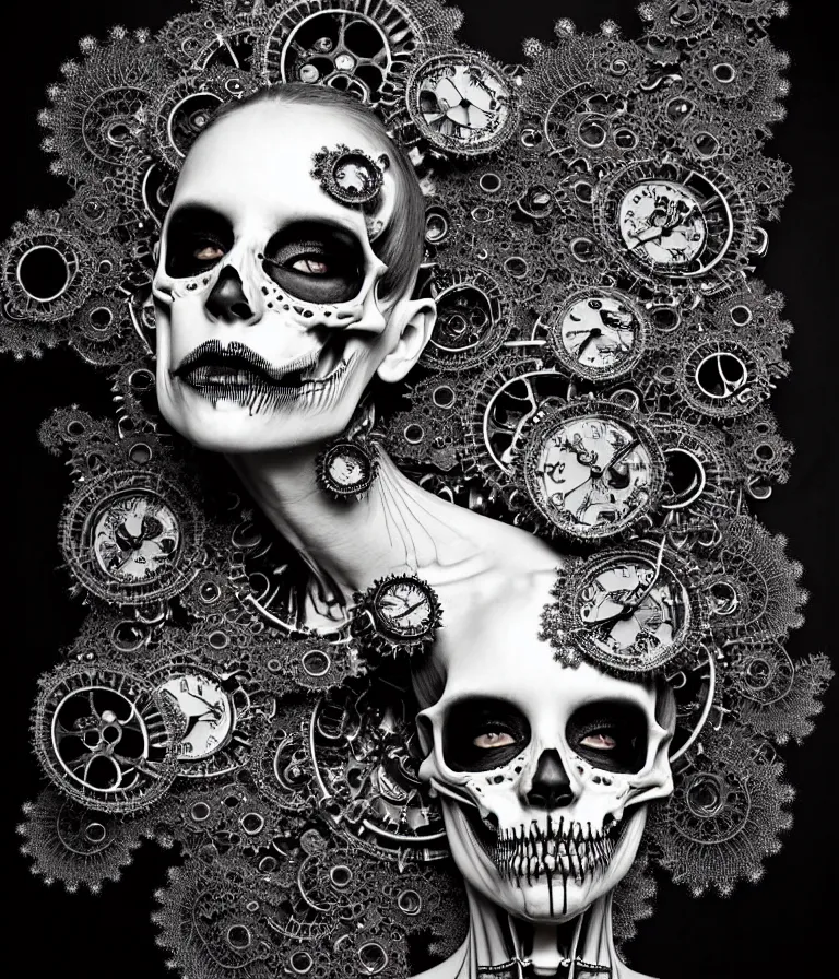 Image similar to surreal black and white photo portrait of complex bio-mechanical beautiful young female undead skeletal cyborg with a Mandelbrot fractal steampunk metal fine lace face, retrofuturistic depressing hopeless horrific vibe, radiating dark energy aura, curled silver hair and a fine metal floral foliage super big lace collar by Alexander McQueen:: high fashion, haute couture, rococo, steampunk, silver filigree details, anatomical, facial muscles, cable wires, microchip, elegant, hyper realistic, 150 mm lens, soft rim light, octane render, unreal engine, volumetric lighting, 8k,