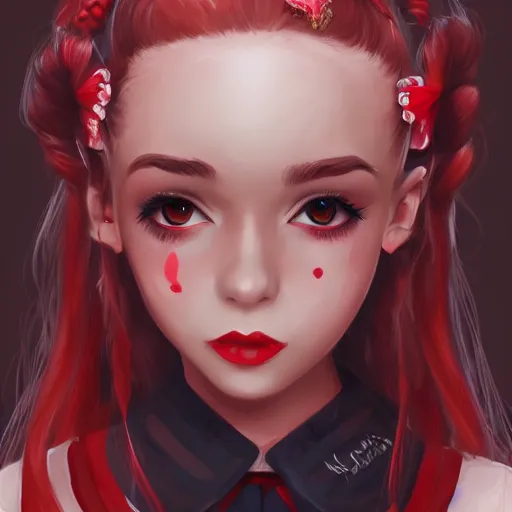 Image similar to a girl wearing lolita clothes, red lipstick, ponytail, highly detailed, digital painting, artstation, concept art, smooth, sharp focus, illustration