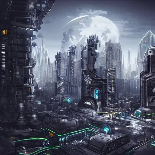 Prompt: futuristic roman empire cityscape with advanced technology, dark setting, 4 k, digital art, detailed.