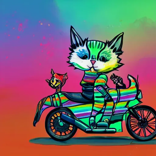 Image similar to wide angle full body, jacket wearing fluffy cute rainbow kitten wearing a black leather motorcycle jacket, riding on a motorcycle, cinematic concept art