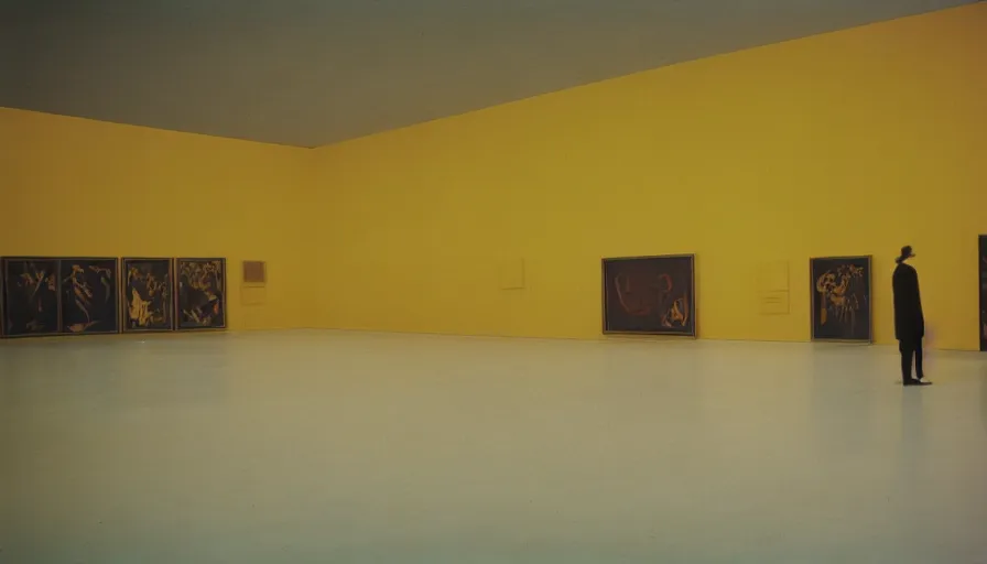 Image similar to 60s movie still of a sovietic stalinist style empty art museum with a soviet congress with yellow wall, kodakchrome, liminal Space style, heavy grain