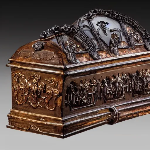 Prompt: open ornate coffin containing a vampire, gothic art style