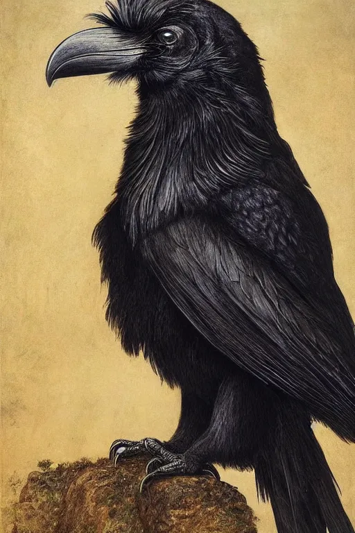 Image similar to a breathtakingly stunningly beautifully highly detailed portrait of a majestic raven, by rosetti and michael cheval and turner, 4 k