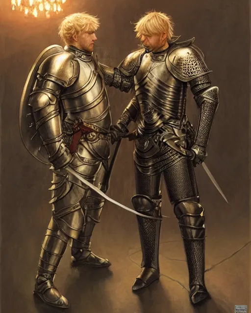 Image similar to attractive arthur pendragon confesses his love for his attractive male knight, highly detailed, very intricate, cinematic lighting, by donato giancola and rossdraws and magali villenueve, featured on artstation