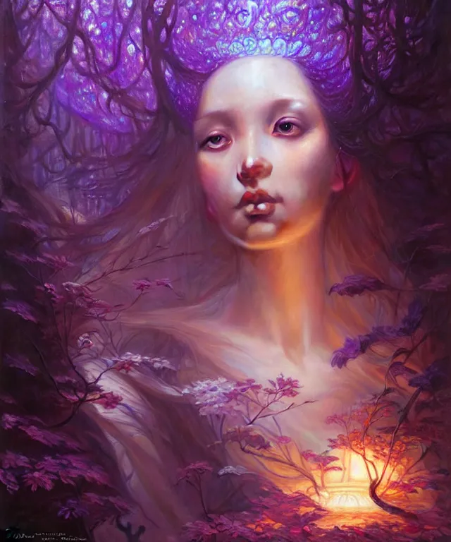 Image similar to ultra detailed photo realistic portrait painting of the beautiful empress of the enchanted glowing purple forest, volumetric lighting, depth of field by karol bak, greg rutkowski, peter mohrbacher and miho hirano.