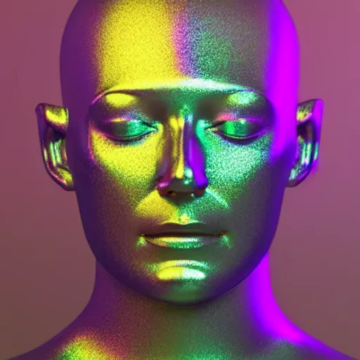 Prompt: 3d render of holographic human robotic head made of glossy iridescent, surrealistic 3d illustration of a human face non-binary, non binary model, 3d model human, cryengine, made of holographic texture, holographic material, holographic rainbow, concept of cyborg and artificial intelligence