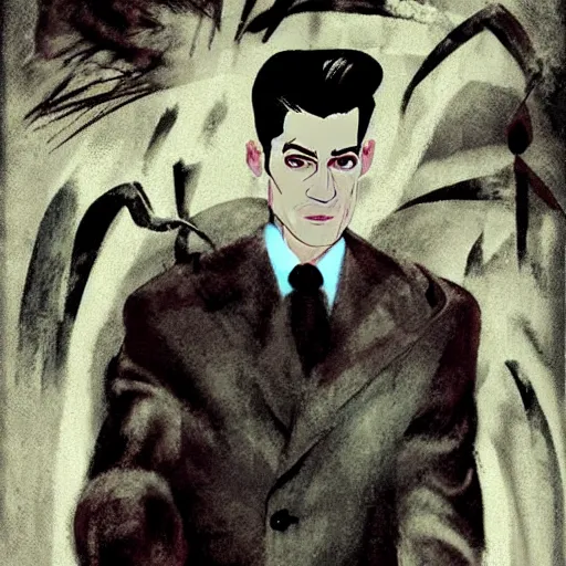 Prompt: dale cooper from twin peaks by dave mckean, hayao miyazaki, dramatic lighting, retro futurism, 5 0 s aesthetic,
