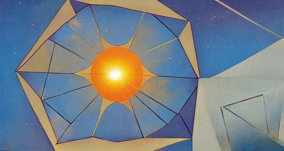 Image similar to solar sail in the shape of a hexagon blocking the sun, seen from earth, art deco painting