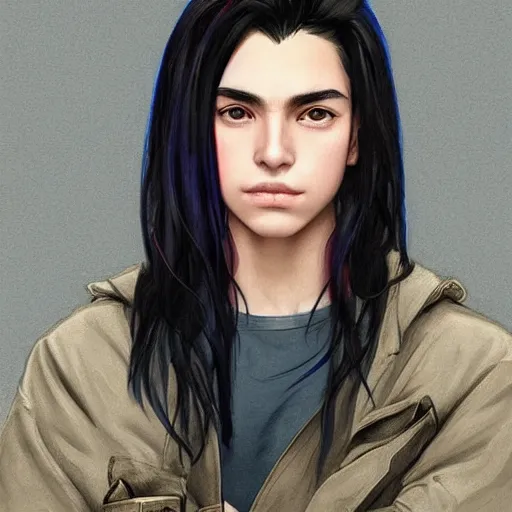 Prompt: teenager boy with straight indigo hair, purple eyes with red eye markers, slim body, wearing japanese combat clothes, black and red details. modern, realistic, looking at the camera, enjoying life!!! elegant, highly detailed, digital painting, artstation, concept art, matte, sharp focus, illustration, art by artgerm and greg rutkowski and alphonse mucha