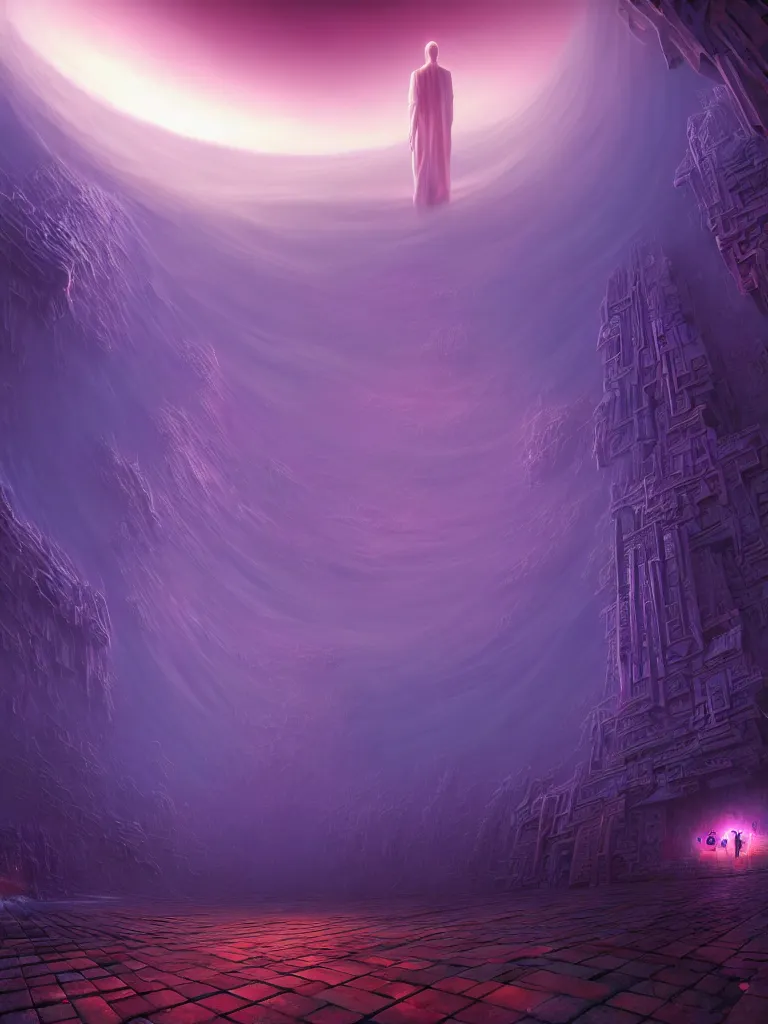 Image similar to entrance to ethereal realm, god waiting, rendered in unreal engine, central composition, symmetrical composition, dreamy colorful cyberpunk colors, 6 point perspective, fantasy landscape with anthropomorphic!!! terrain!!! in the styles of igor morski, jim warren, and rob gonsalves, intricate, hyperrealistic, volumetric lighting, big sky, distinct horizon