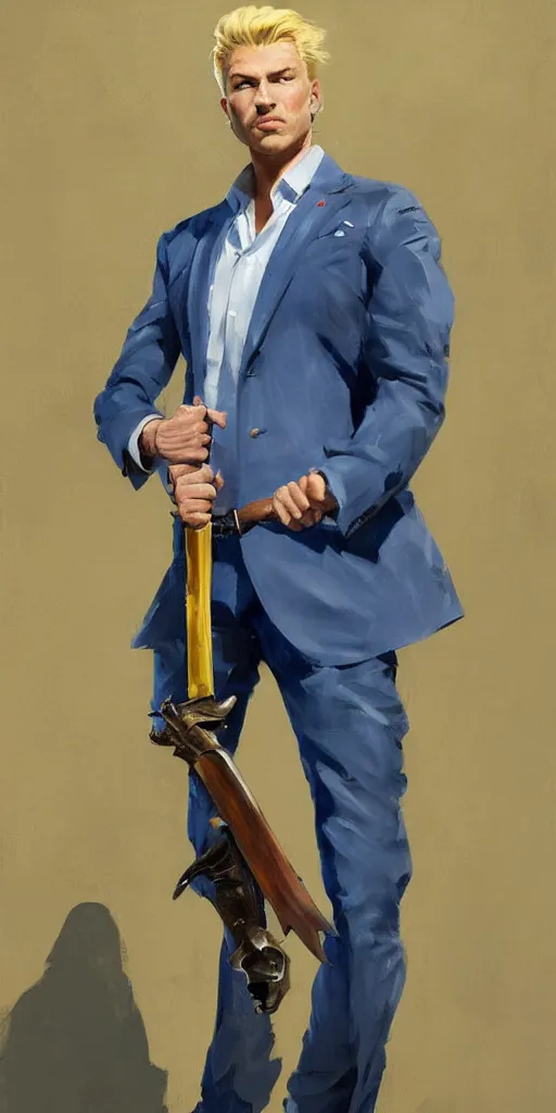 Image similar to greg manchess portrait painting of a blond man in a blue suit with a sword and a pistol, asymmetrical, profile picture, organic painting, sunny day, matte painting, bold shapes, hard edges, street art, trending on artstation, by huang guangjian, gil elvgren, ruan jia, randy vargas, greg rutkowski