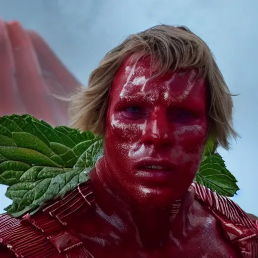 Image similar to a male humanoid giant has skin that looks like red and white hard candy, the giant is wearing a peppermint armor and his back has wings made of mint leaves, the giant has a christmas present in his hand, cinematic dune movie still