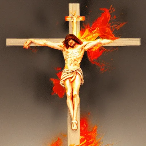 Prompt: flaming jesus on the cross, concept art, trending on artstation, painting