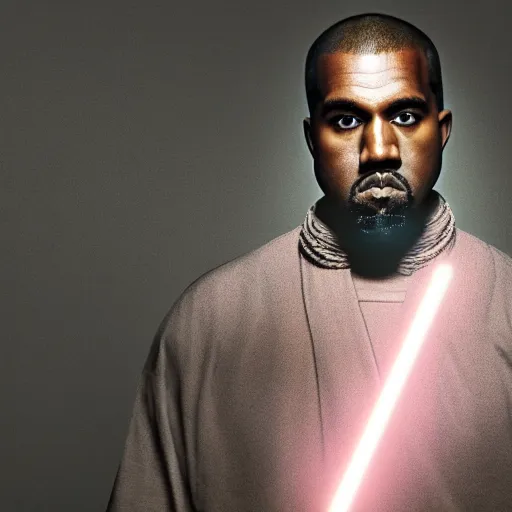 Image similar to Portrait of Kanye West as a jedi, splash art, cinematic lighting, dramatic, octane render, long lens, shallow depth of field, bokeh, anamorphic lens flare, 8k, hyper detailed, 35mm film grain