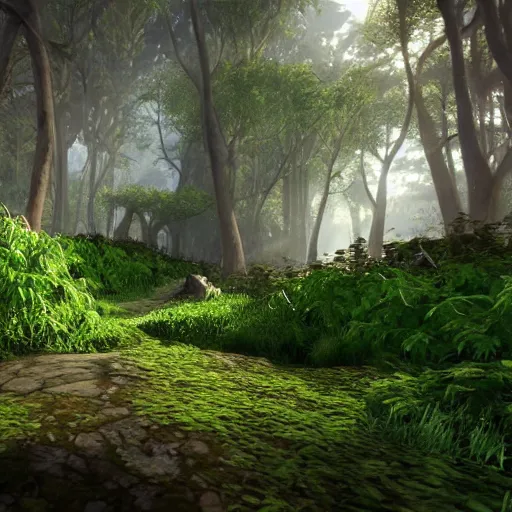 Prompt: warrior cats forest, unreal engine, cliff, cool, vines, sunrays